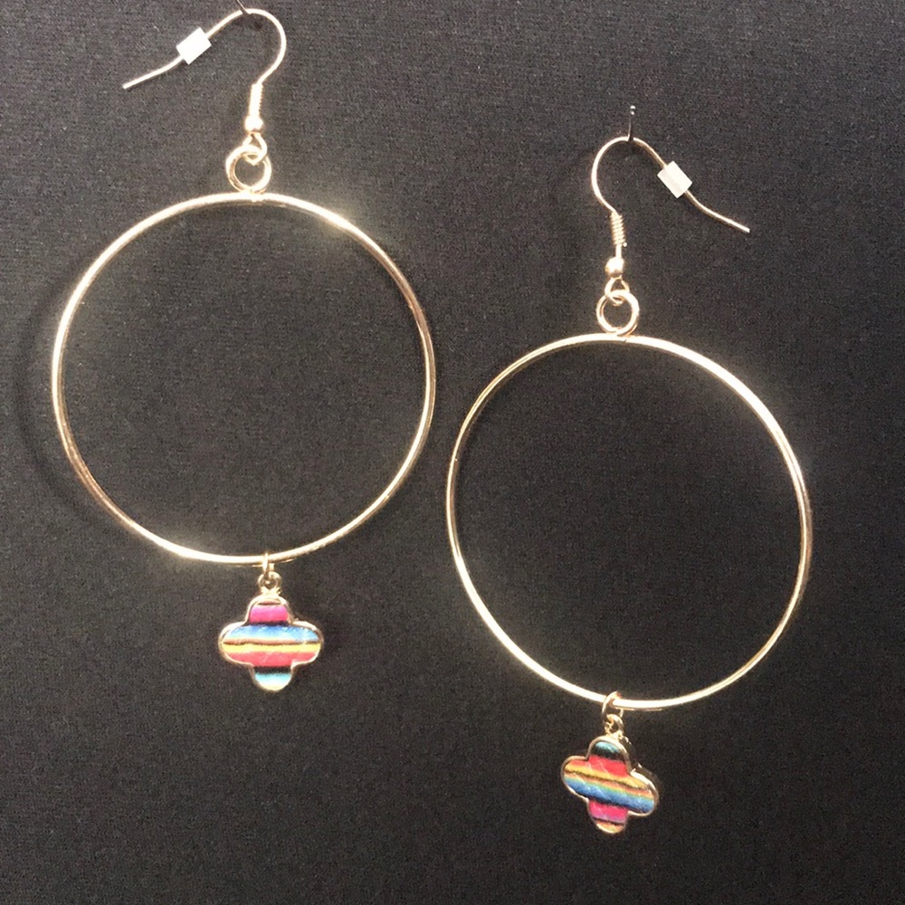 Gold Hoops w/Multi-Color Leather InLay Cross Drops
